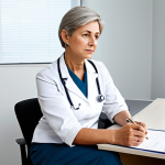 A mature woman in modest, professional business attire, sitting thoughtfully at a desk in a clean, brightly lit modern doctor's consultation room. She holds a medical report, her expression conveying a mix of concern and calm determination. The room features subtle, professional decor and natural light. High quality, professional photography, natural lighting, perfect anatomy, correct proportions, natural pose, well-formed hands, proper finger count, natural body proportions, safe for work, appropriate content, fully clothed, professional dress.