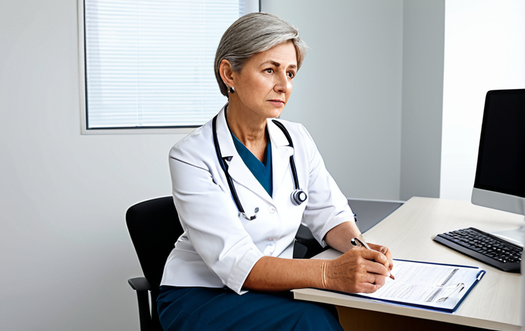 A mature woman in modest, professional business attire, sitting thoughtfully at a desk in a clean, brightly lit modern doctor's consultation room. She holds a medical report, her expression conveying a mix of concern and calm determination. The room features subtle, professional decor and natural light. High quality, professional photography, natural lighting, perfect anatomy, correct proportions, natural pose, well-formed hands, proper finger count, natural body proportions, safe for work, appropriate content, fully clothed, professional dress.