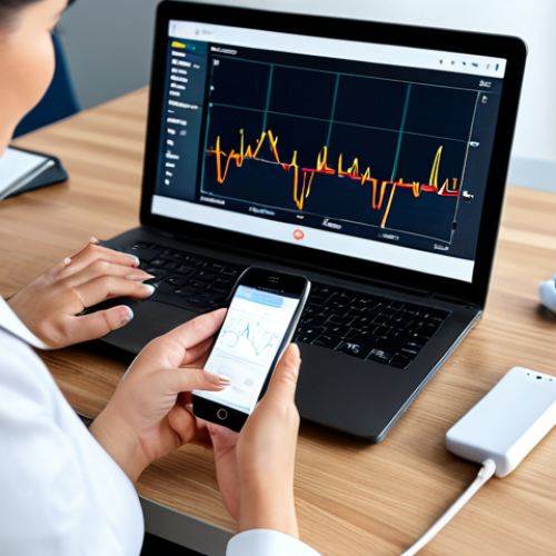 Home 25 A professional adult woman, fully clothed in modest, smart casual attire, sits at a modern desk. She is observing health data on a smartphone screen, which displays a continuous glucose monitoring (CGM) graph. A small, discreet CGM sensor is visible on her arm. In the background, a tablet or laptop shows a video call, suggesting remote consultation with a healthcare provider. The setting is a clean, well-lit home office, emphasizing proactive health management. safe for work, appropriate content, fully clothed, professional, modest clothing, perfect anatomy, correct proportions, natural pose, well-formed hands, proper finger count, natural body proportions, professional photography, high quality.