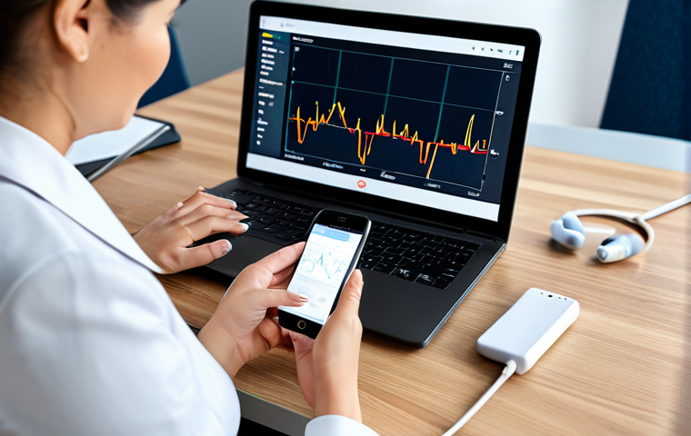 A professional adult woman, fully clothed in modest, smart casual attire, sits at a modern desk. She is observing health data on a smartphone screen, which displays a continuous glucose monitoring (CGM) graph. A small, discreet CGM sensor is visible on her arm. In the background, a tablet or laptop shows a video call, suggesting remote consultation with a healthcare provider. The setting is a clean, well-lit home office, emphasizing proactive health management. safe for work, appropriate content, fully clothed, professional, modest clothing, perfect anatomy, correct proportions, natural pose, well-formed hands, proper finger count, natural body proportions, professional photography, high quality.