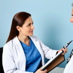 A professional female doctor, mid-30s, wearing a clean, modest white lab coat over professional business attire, stands beside an adult male patient, mid-50s, fully clothed in appropriate, casual professional dress, seated on an examination chair in a bright, modern medical clinic. The doctor is holding a clipboard and engages in a professional, empathetic discussion, gesturing gently towards the patient's neck area. The patient listens attentively. The background features a clean desk and a subtle, non-graphic medical poster. Fully clothed, modest clothing, appropriate attire, professional dress, safe for work, appropriate content, family-friendly, perfect anatomy, correct proportions, natural pose, well-formed hands, proper finger count, natural body proportions, professional photography, high quality.