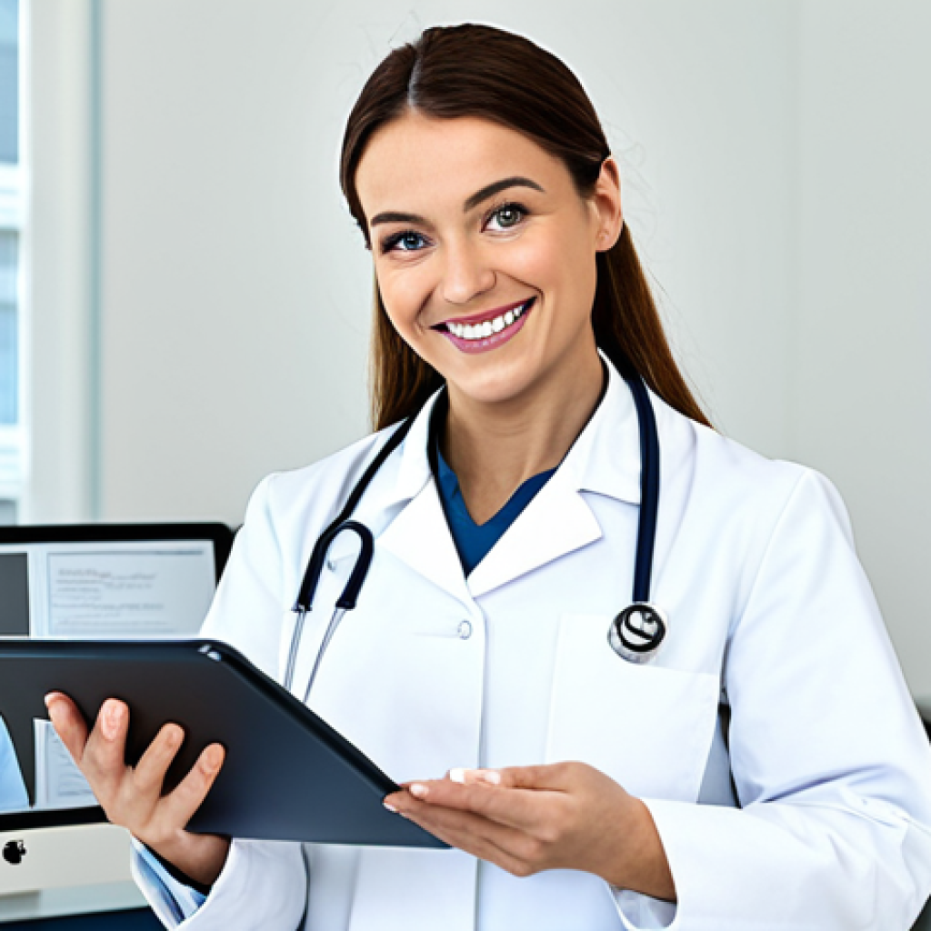 **

A professional doctor in a clean, bright office setting, fully clothed in a standard doctor's coat and appropriate medical attire, smiling reassuringly at the viewer, holding a tablet with medical information displayed. Safe for work, appropriate content, professional, perfect anatomy, well-formed hands, natural pose.

**