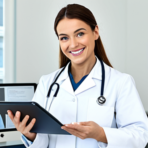Home 22 **
A professional doctor in a clean, bright office setting, fully clothed in a standard doctor's coat and appropriate medical attire, smiling reassuringly at the viewer, holding a tablet with medical information displayed. Safe for work, appropriate content, professional, perfect anatomy, well-formed hands, natural pose.
**