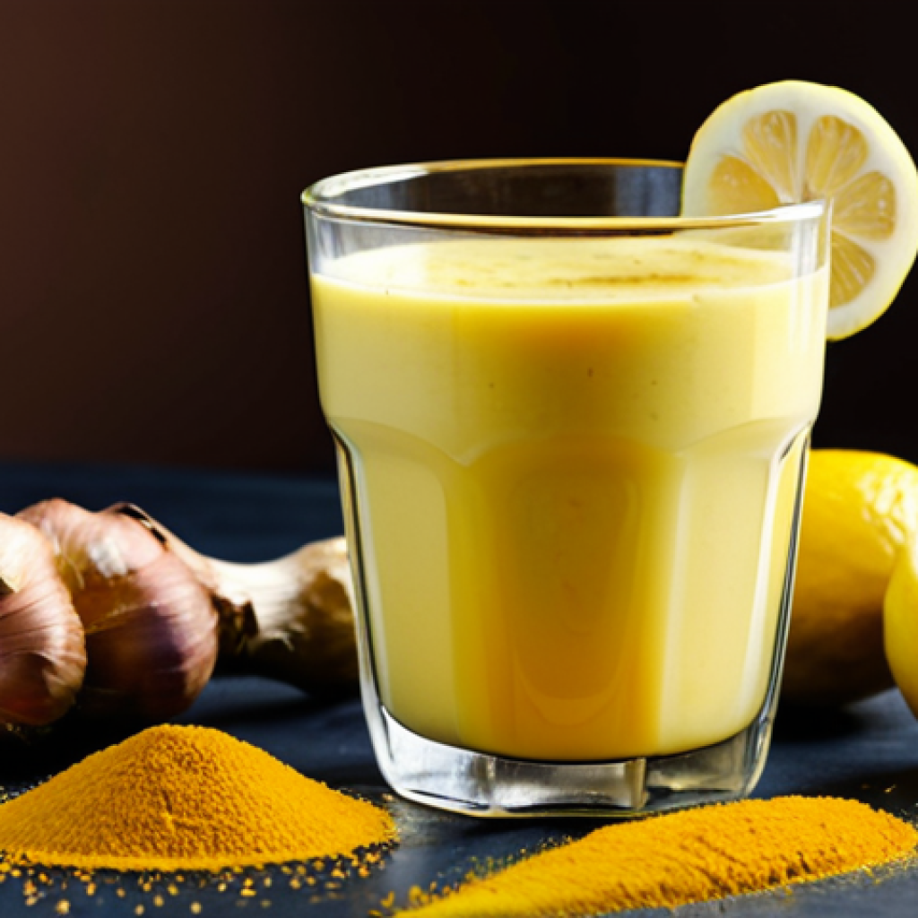 간 건강에 좋은 영양제 - Natural Remedies**

"Close-up shot of a glass of turmeric milk with a lemon wedge, garlic cloves, an...