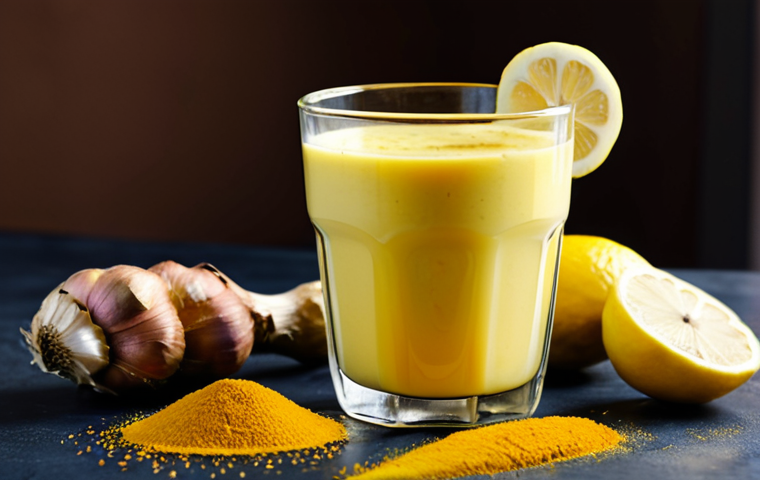 간 건강에 좋은 영양제 - Natural Remedies**
"Close-up shot of a glass of turmeric milk with a lemon wedge, garlic cloves, an...