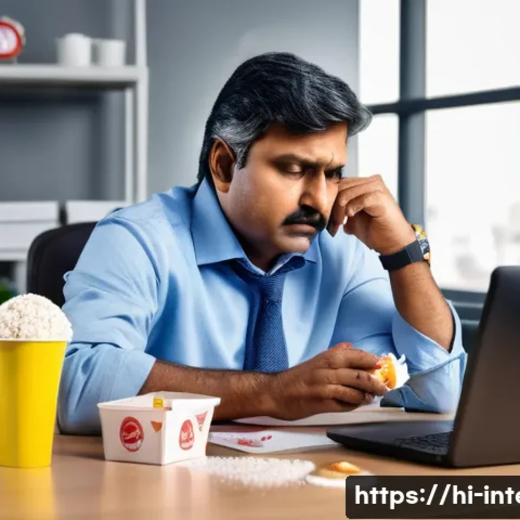 고혈압 원인과 해결 - A middle-aged Indian man in office attire sitting at a desk with a laptop, looking stressed and tire...