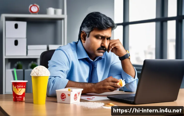고혈압 원인과 해결 - A middle-aged Indian man in office attire sitting at a desk with a laptop, looking stressed and tire...