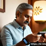 당뇨 진단 기준 - A modern Indian middle-aged man using a sleek smart glucose monitoring device on his wrist, sitting ...
