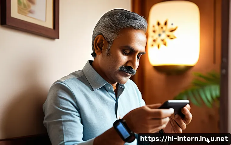 당뇨 진단 기준 - A modern Indian middle-aged man using a sleek smart glucose monitoring device on his wrist, sitting ...