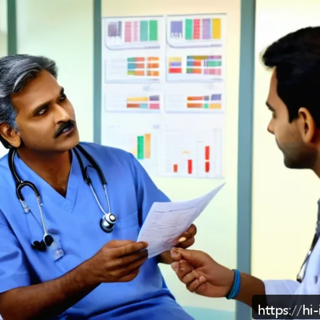 내과 약물 치료 사례 - A detailed and professional hospital consultation scene featuring a middle-aged Indian male doctor d...