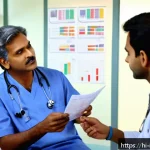 내과 약물 치료 사례 - A detailed and professional hospital consultation scene featuring a middle-aged Indian male doctor d...