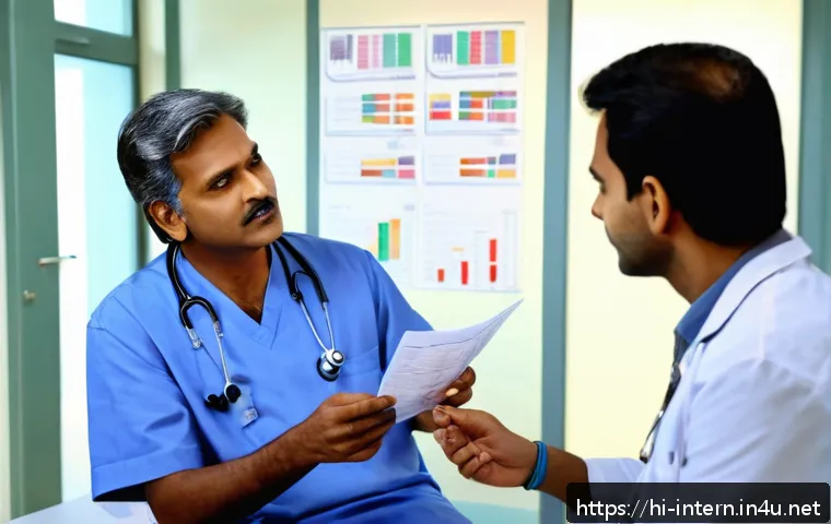 내과 약물 치료 사례 - A detailed and professional hospital consultation scene featuring a middle-aged Indian male doctor d...