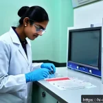 내과 혈액검사 비용 - A modern medical laboratory interior in an urban Indian hospital, showcasing advanced blood testing ...