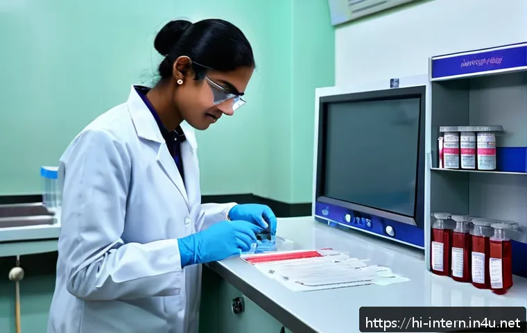 내과 혈액검사 비용 - A modern medical laboratory interior in an urban Indian hospital, showcasing advanced blood testing ...