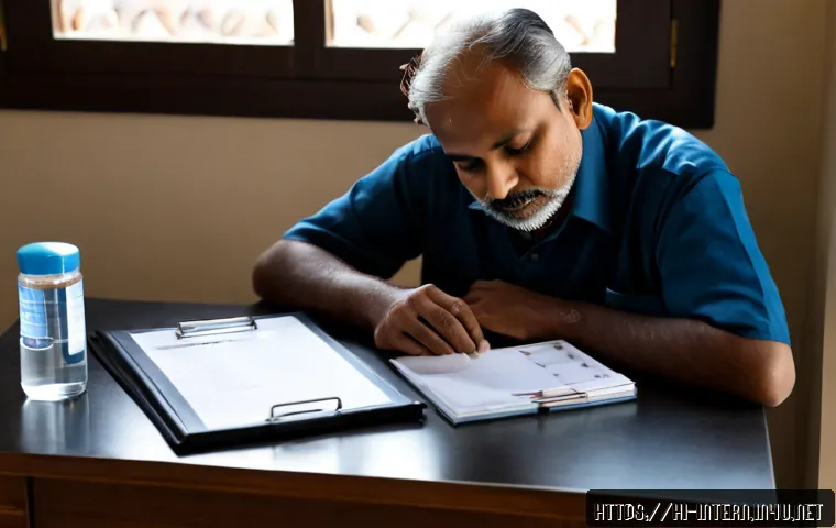 Home 17 내과 방문 후 관리 팁 - Photorealistic Indian middle-aged patient resting at a tidy home desk after an internal medicine app...
