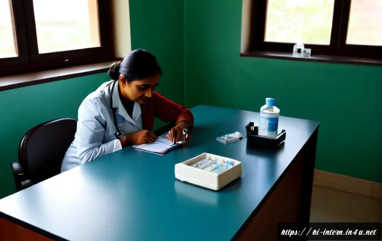 Home 17 당뇨 약 종류와 부작용 - Photorealistic Indian middle-aged woman seated at a clean clinic desk with a compassionate doctor, c...